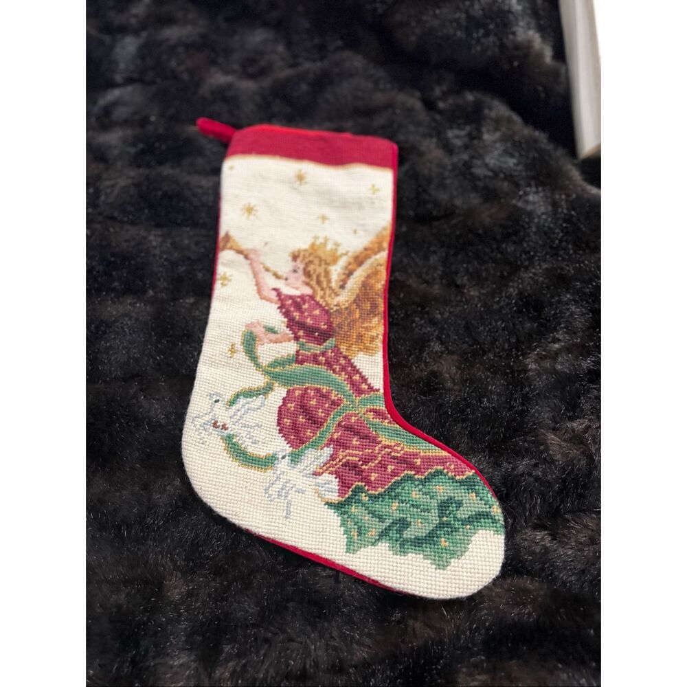 Imperial Elegance Needlepoint Stocking "Angel Christmas wool white dove